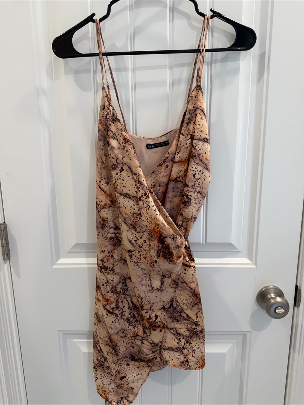 ZARA Marble-Print Beige Slip Mini Dress